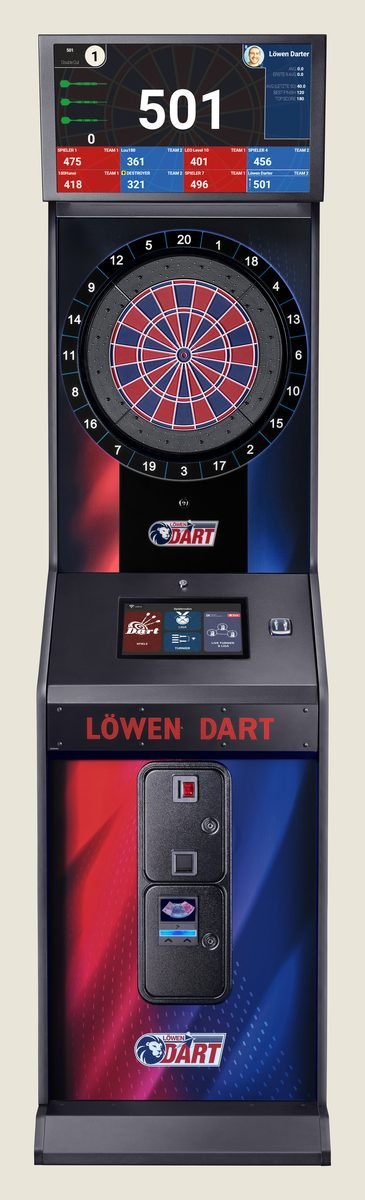 Dartautomat Löwen HB10 in Rot-Blau von vorn, mit Score-Display über der Dartscheibe